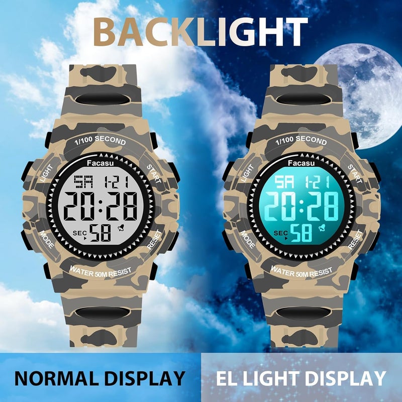 Facasu Store Camo Sports Watch for Boys-Waterproof Kids Digital Watch with Light, Alarm&Snooze,Stopwatch Military Design Silicone Band Gift for Birthdays,Christmas Outdoor Activities(8+ Years) - Image 5